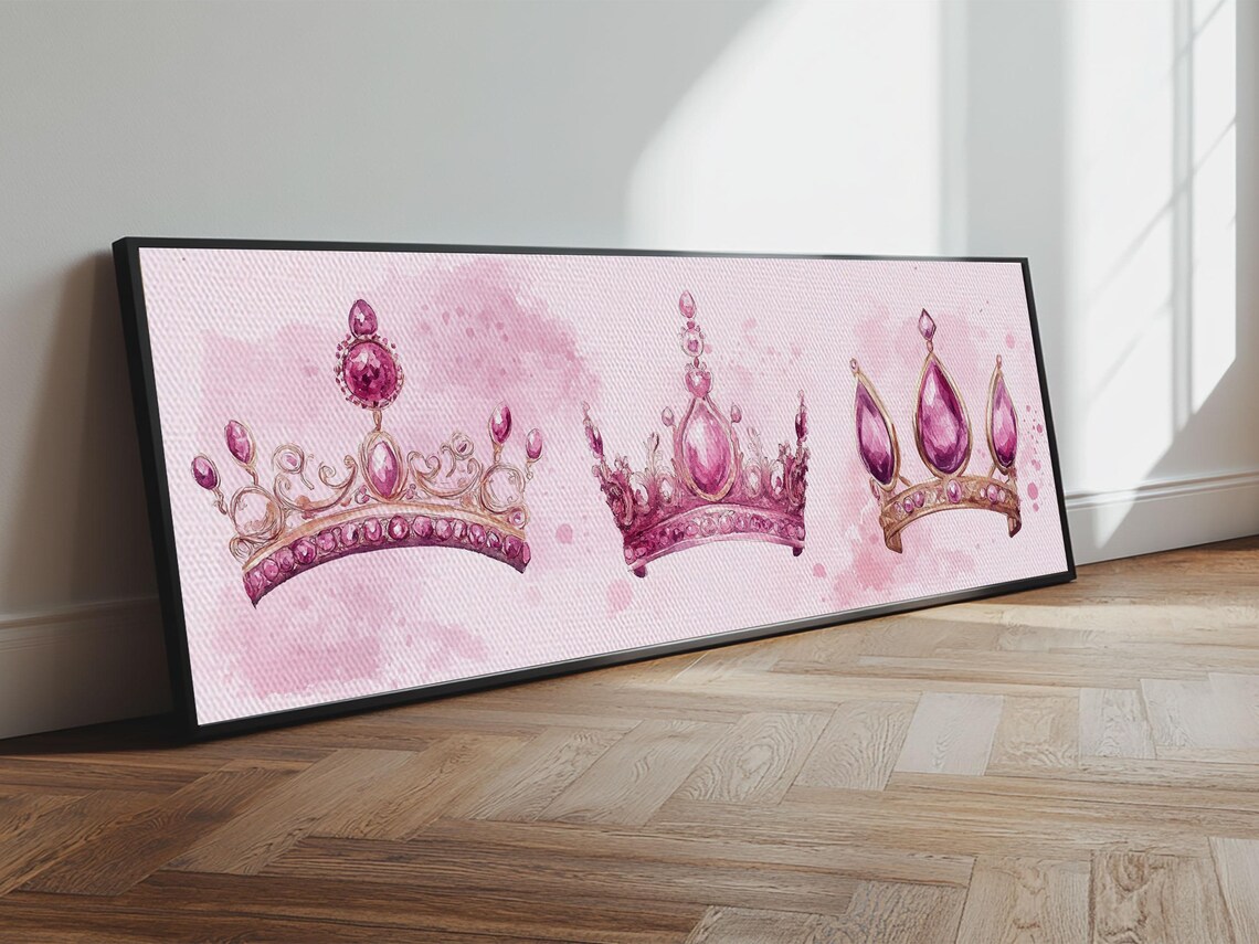 Pink Jeweled Crowns Watercolor Royal Gemstone Magenta Crown Canvas Art Poster - Image 3