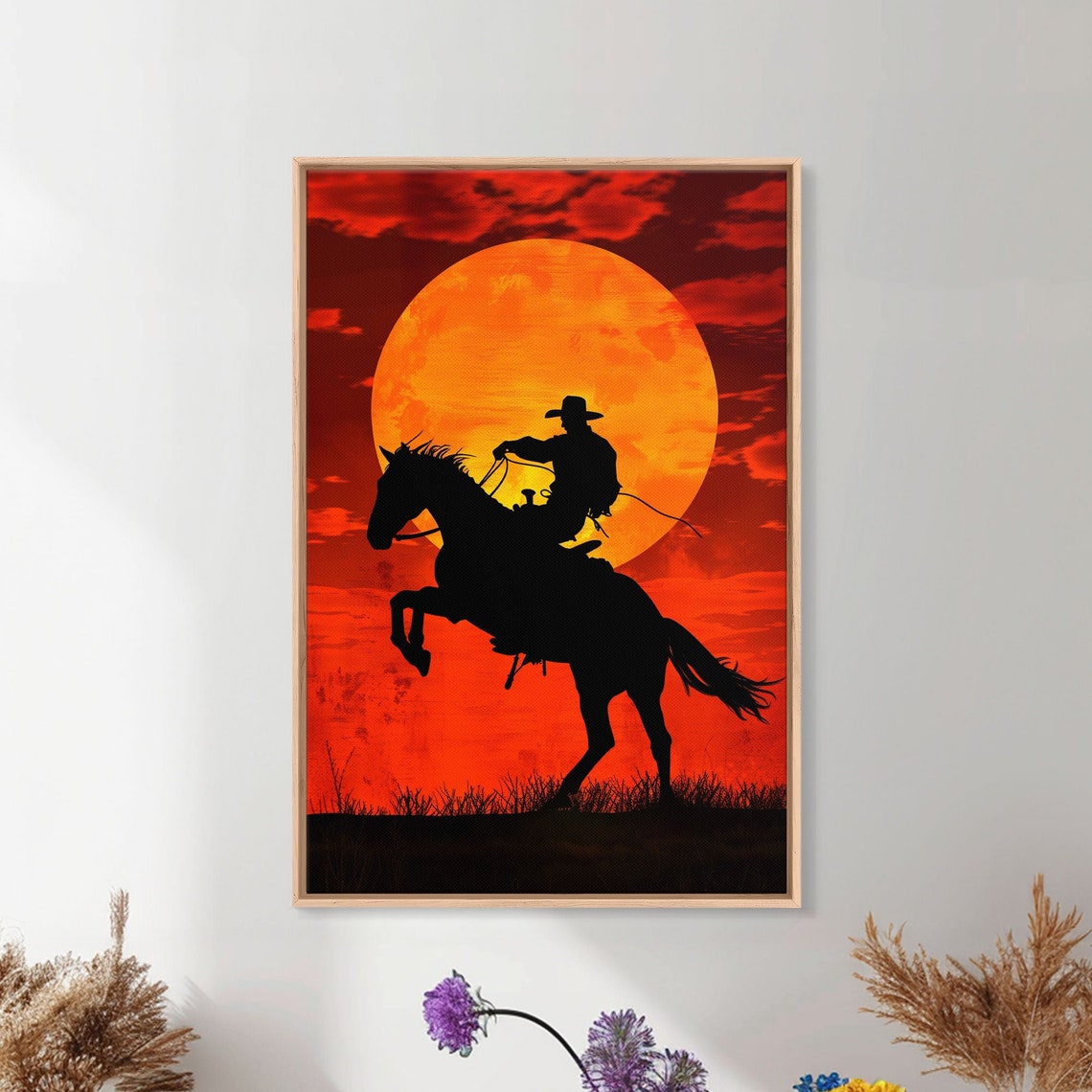 Cowboy Silhouette Rearing Horse Giant Orange Sunset Wall Art