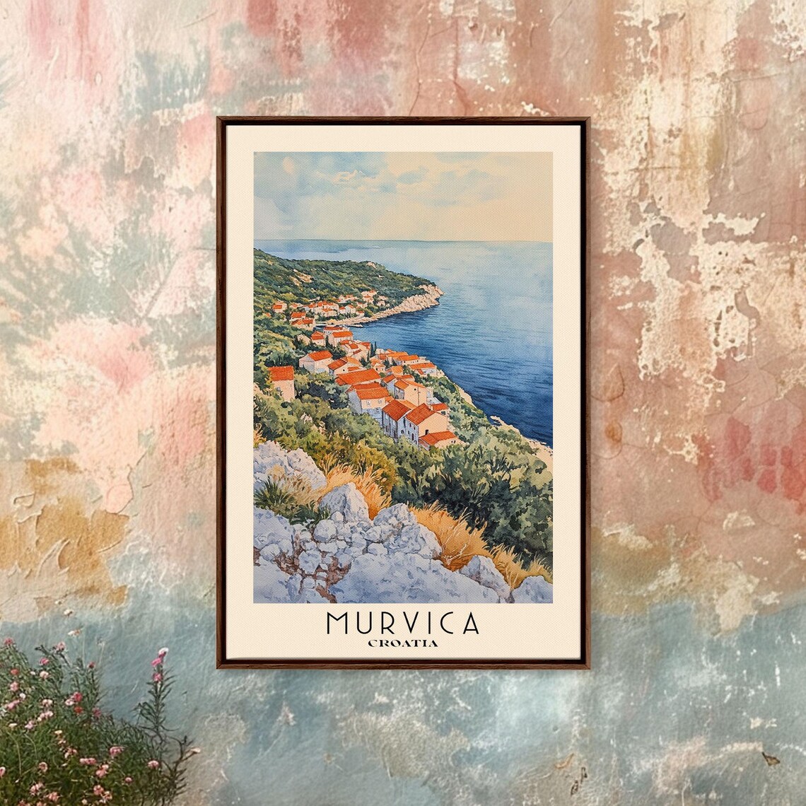 Murvica Croatia Hillside Village Red Roofs Sea View Watercolor Poster
