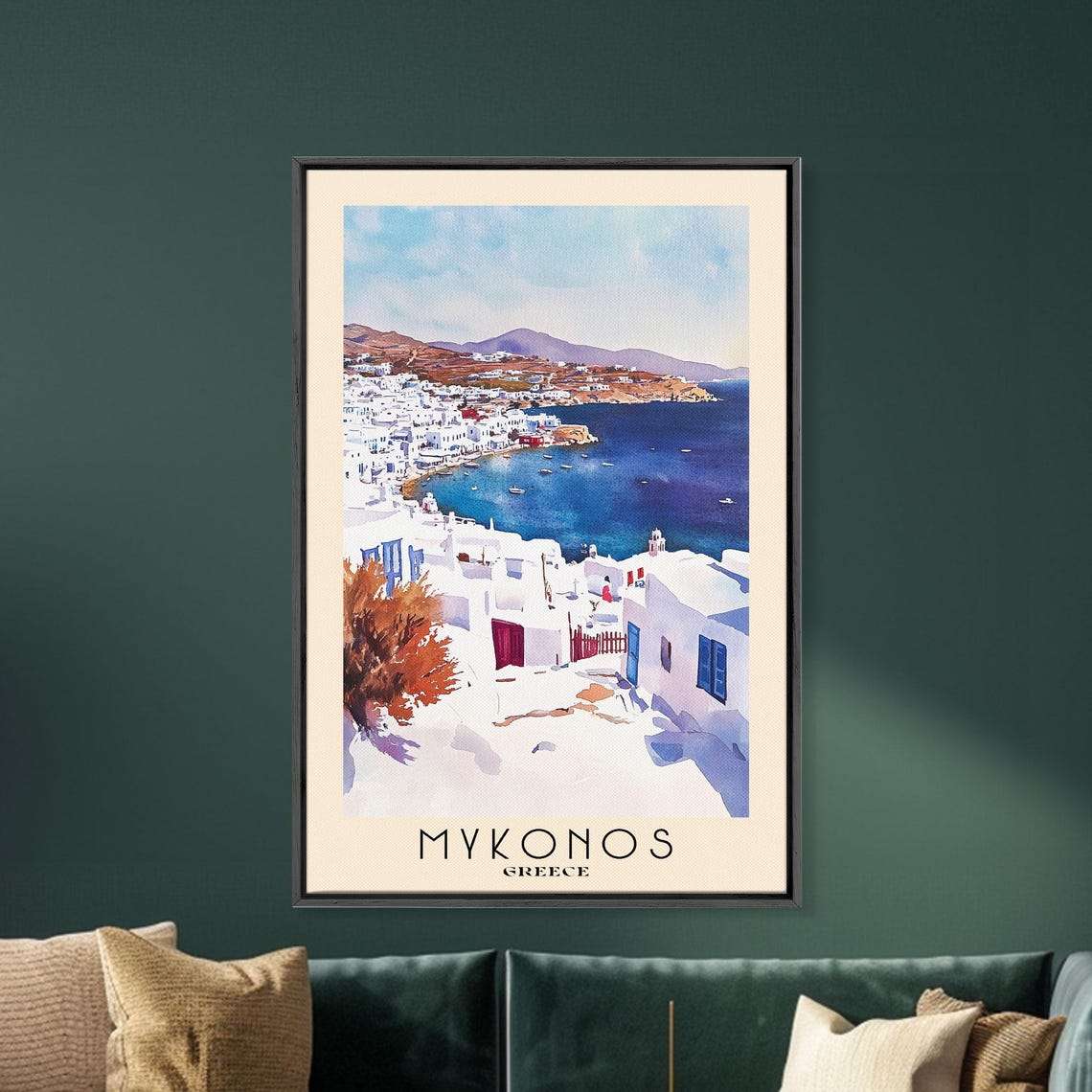 Mykonos Greece White Town Harbor Boats Blue Sea Watercolor Poster - Image 5
