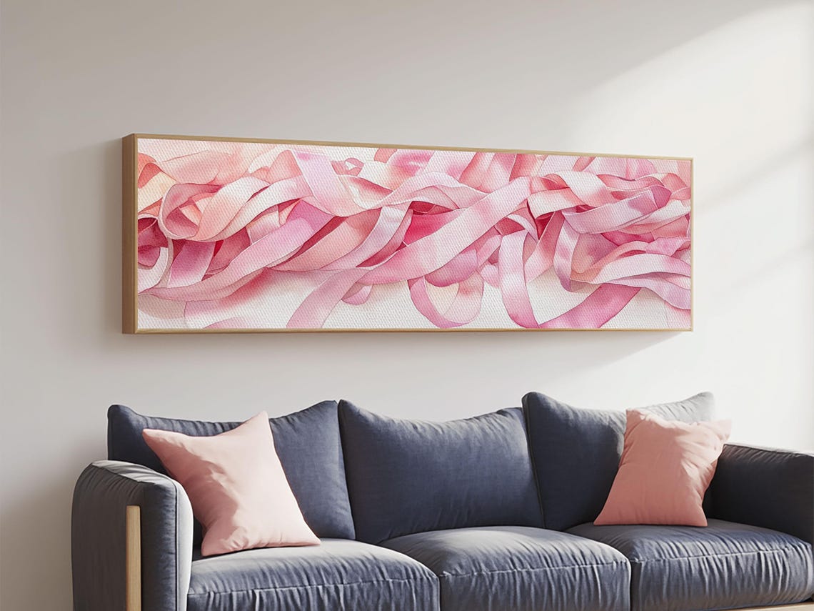 Soft Pink Silk Ribbon Swirls Abstract Minimalist Panoramic Art Poster - Image 3