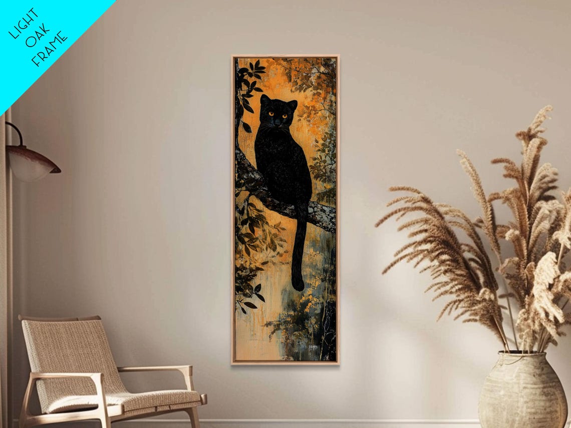 Black Panther on Tree Branch Golden Jungle Big Cat Night Wall Art - Image 2