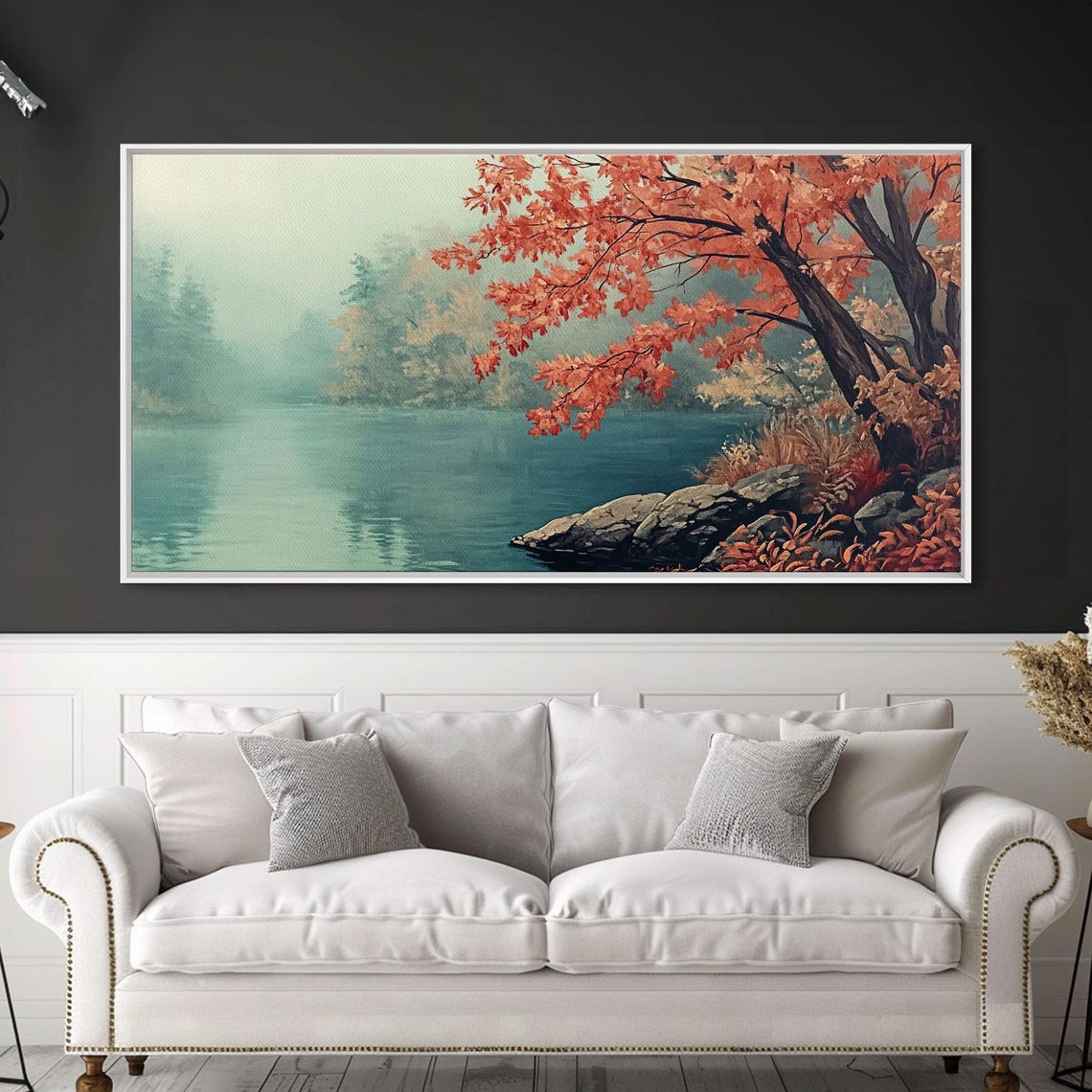 Misty Autumn Lake With A Red Maple Tree On The Rocky Shore Poster - Image 3