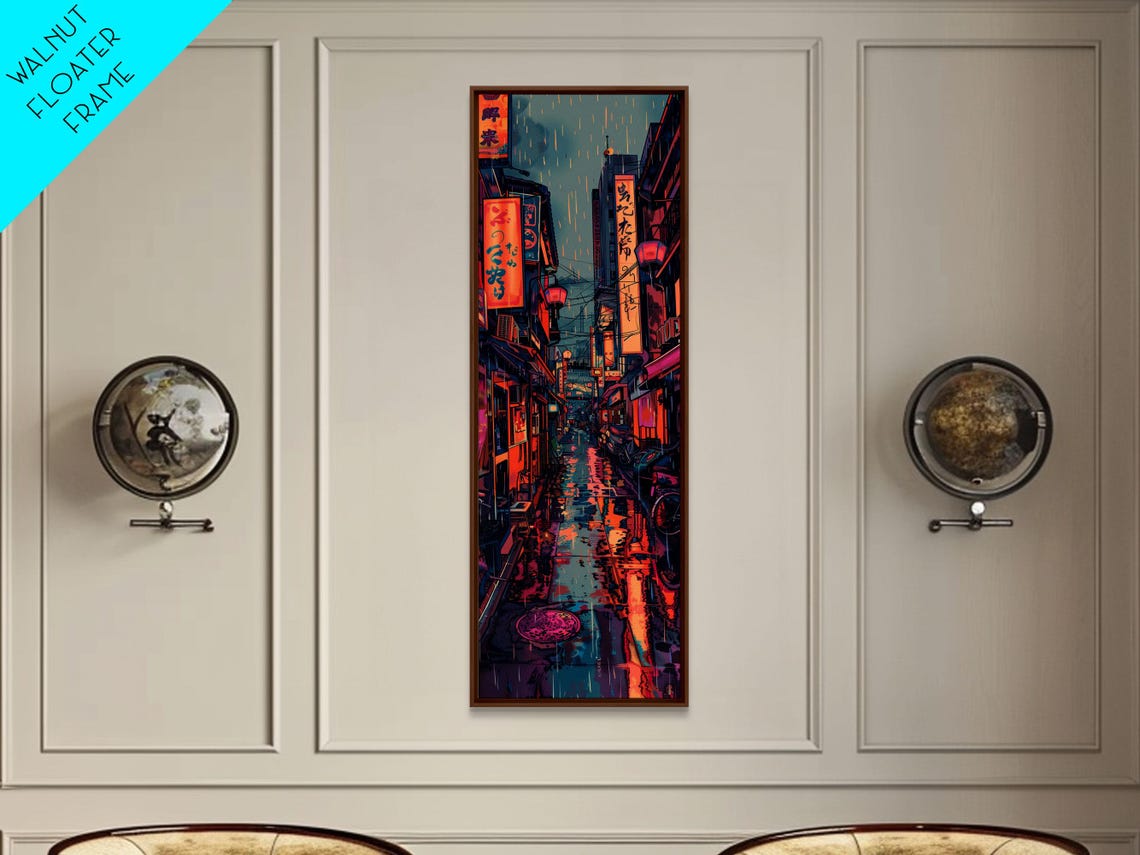 Vibrant Cityscape With Colorful Street Signs Skinny Art Tall Art Framed Print Japanese Style Art Ukiyo E Art Wood Block Print