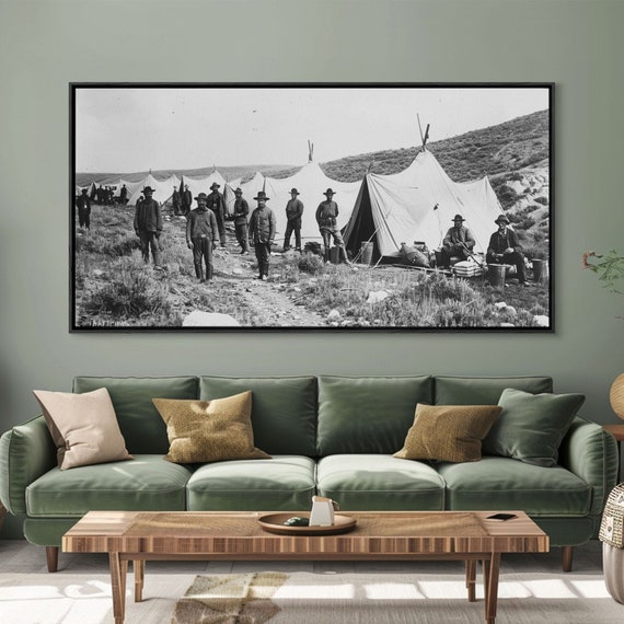 Military Camp With Tents And Soldiers Farmhouse Style Framed Print For Historical Home Decor Living Room Wall Art Vintage Scene