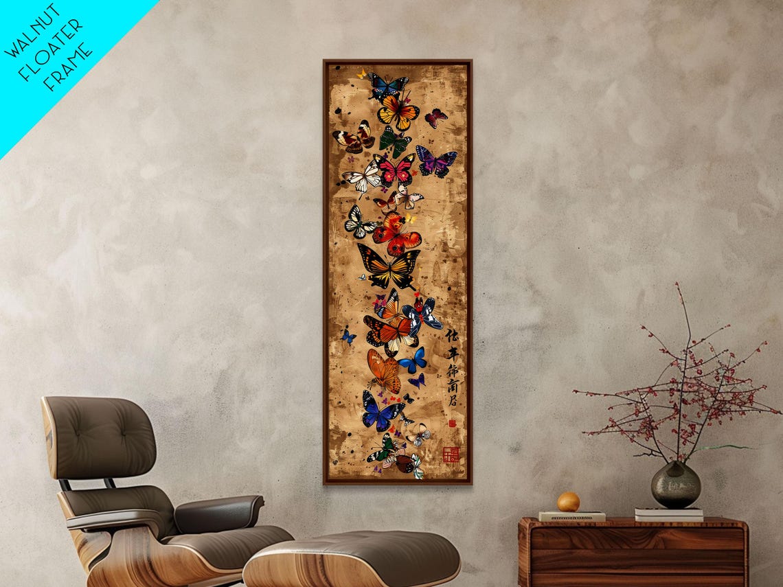 Butterflies Rising Tan Paper Japanese Calligraphy Tall Art Poster - Image 2