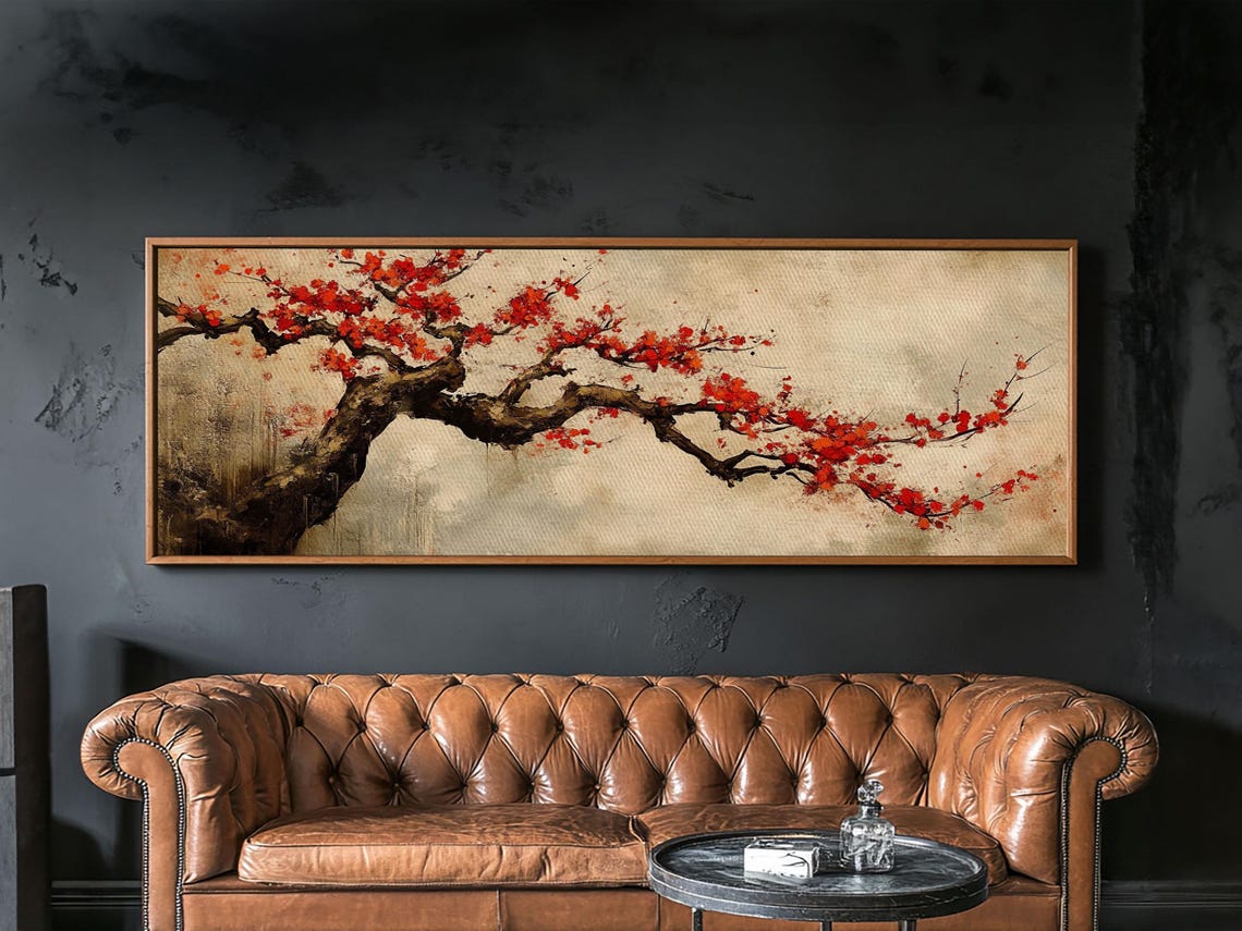 Japanese Maple Branch Red Autumn Leaves Ink Wash Panoramic Wall Poster - Image 4