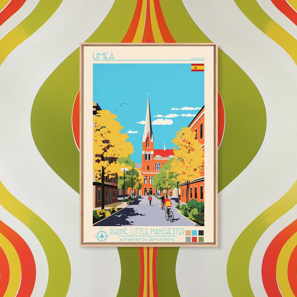 Umea Sweden Autumn Street Brick Church Spire View Travel Poster