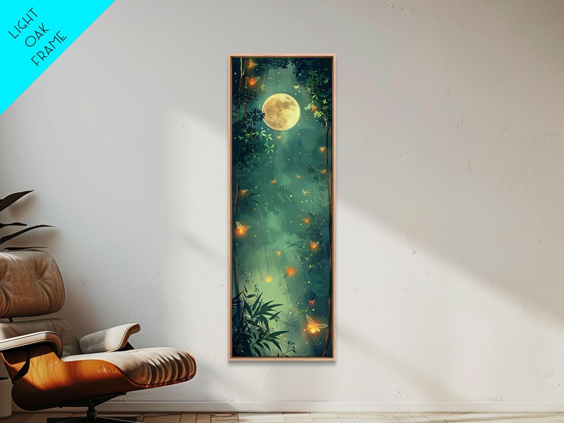 Enchanting Fireflies Illuminating Nighttime Forest Scene Under Full Moon Tall Framed Print Adding Magical Touch