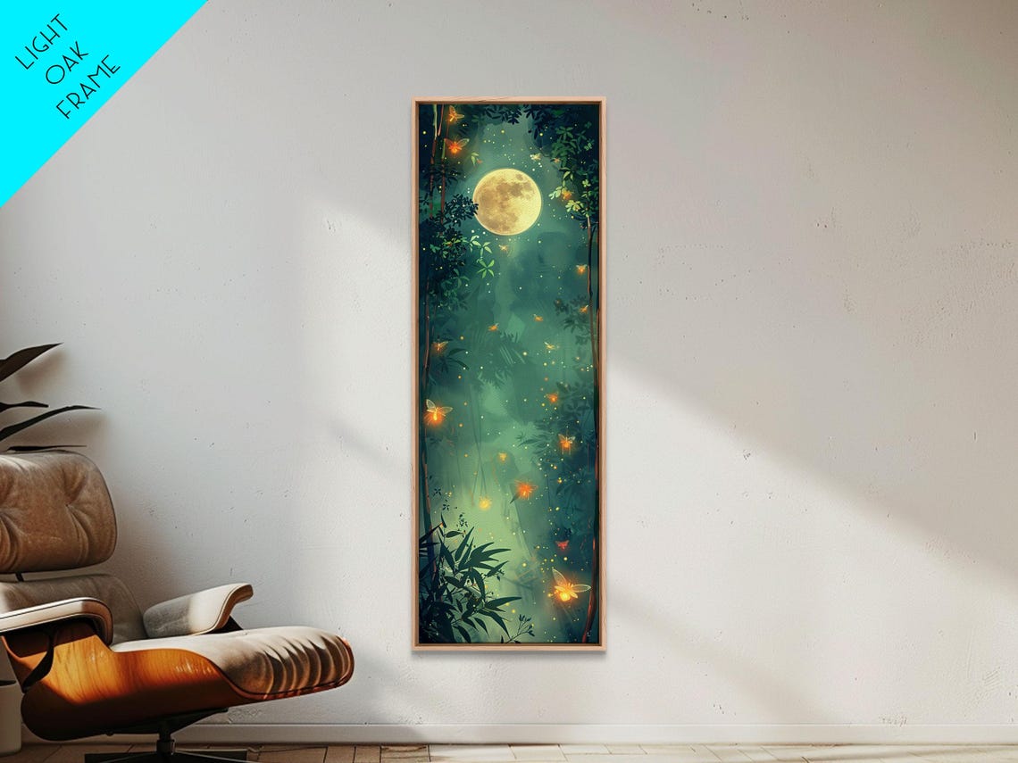 Fireflies Moonlit Night Forest Teal Glow Japanese Style Art Poster
