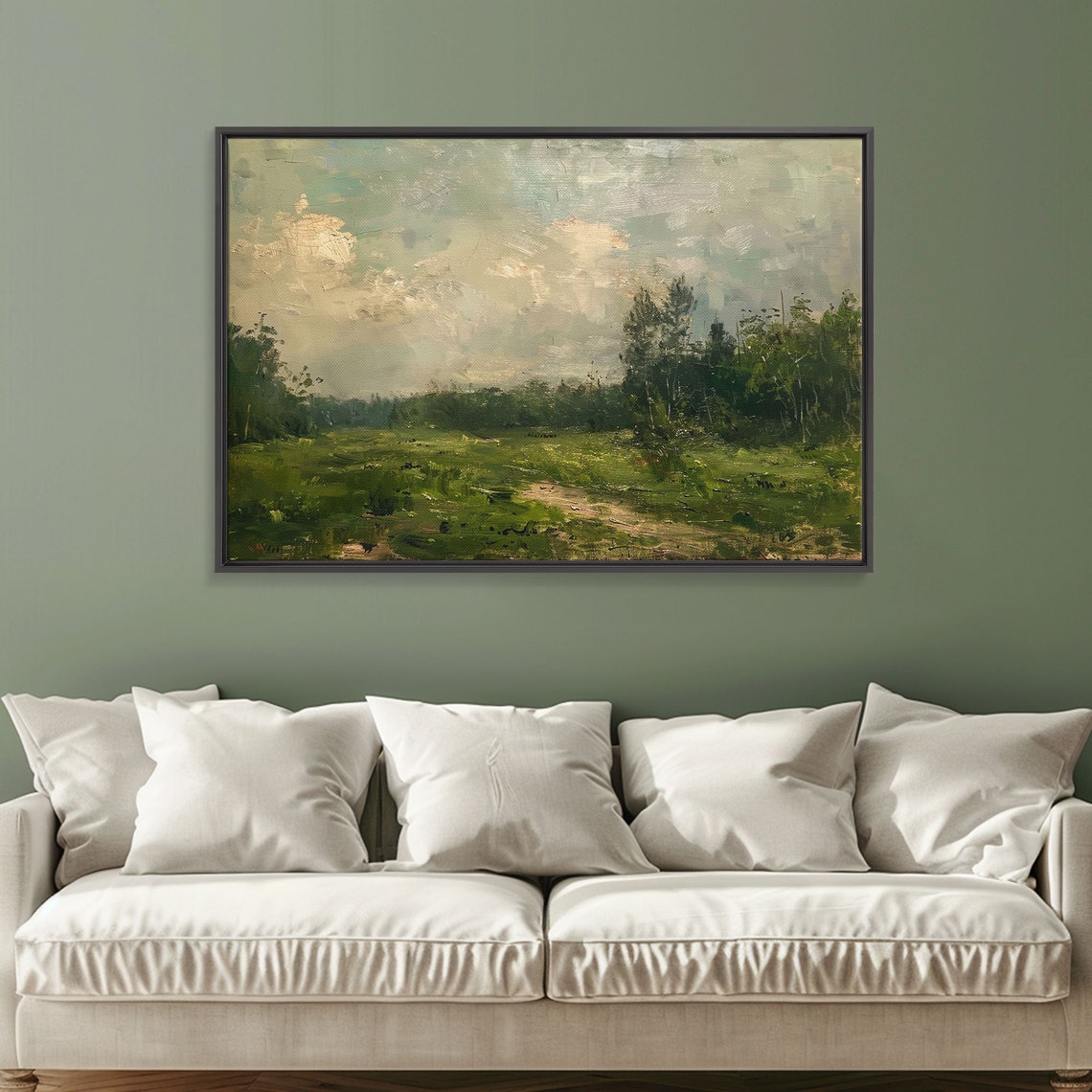 Serene Green Meadow Path Cloudy Sky Impressionist Oil Painting Print - Image 4