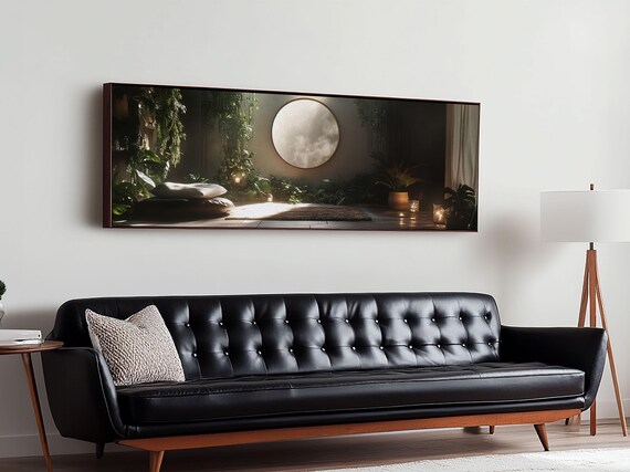 Zen Indoor Jungle Meditation Room Glowing Moon Window Panoramic Art Print