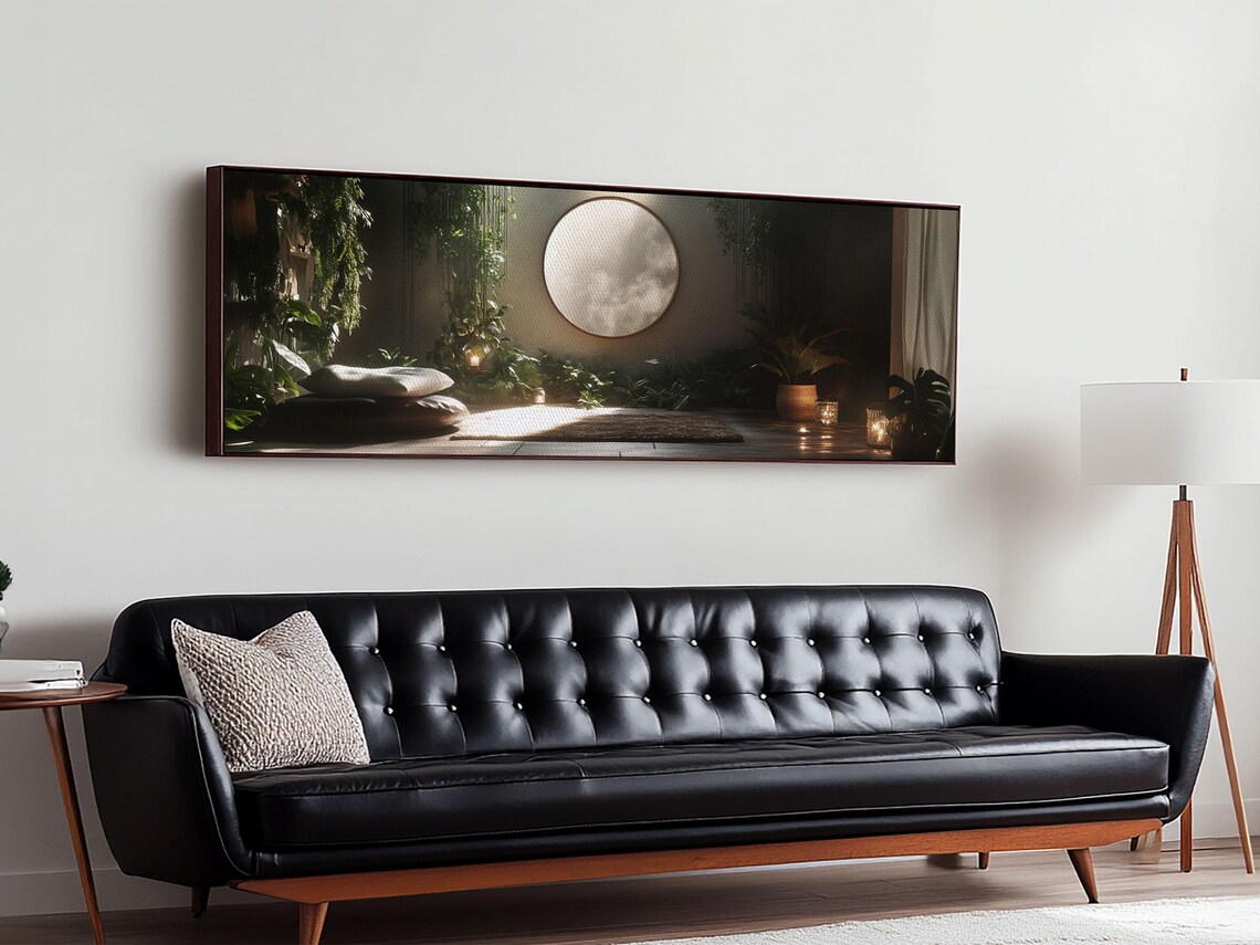 Zen Indoor Jungle Meditation Room Glowing Moon Window Panoramic Art Print