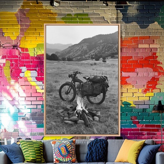 Vintage Motorcycle With Campfire In Black And White For Western Wall Art Prints Rustic Home Decor Living Room Art Bedroom Art