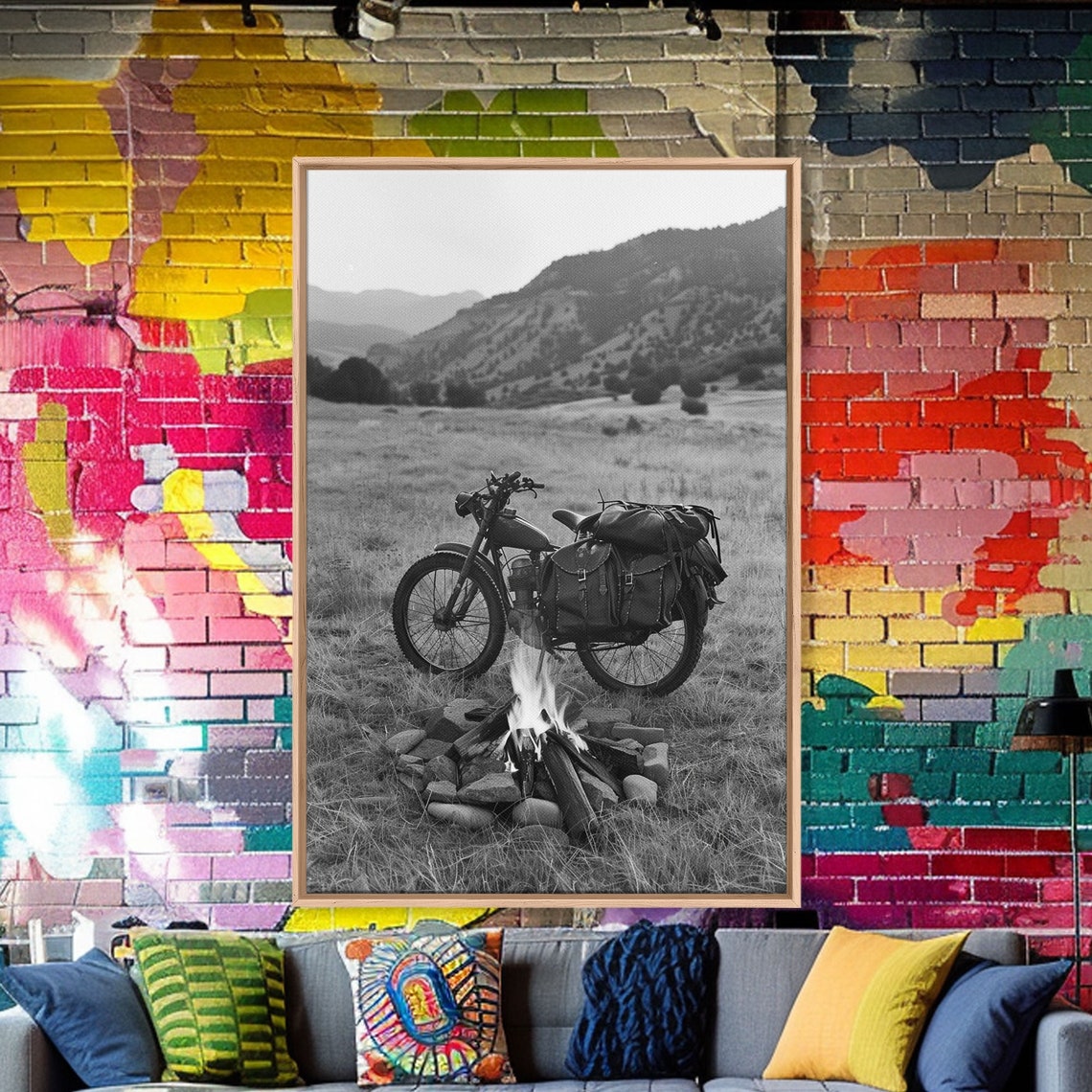 Vintage Motorcycle Campfire Black and White Mountain Night Art Poster