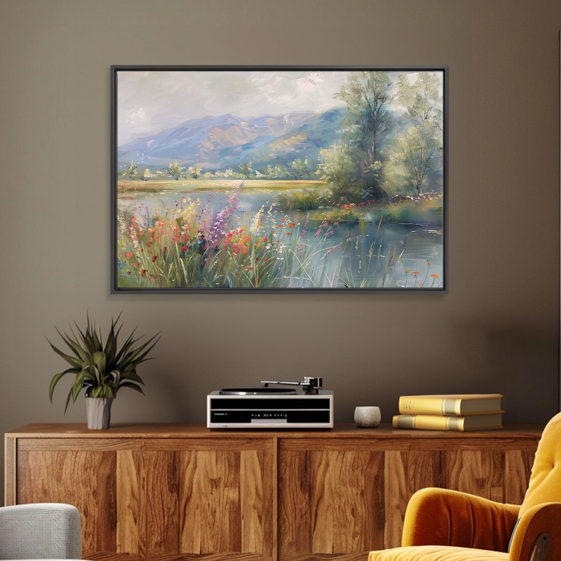 Mountain Lake Wildflower Meadow Impressionist Oil Painting Print - Image 4