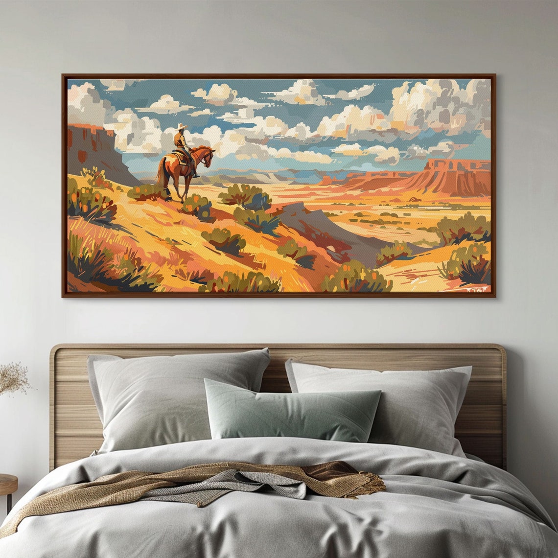 Cowboy On Horseback Overlooking Golden Desert Canyon Valley Art Poster
