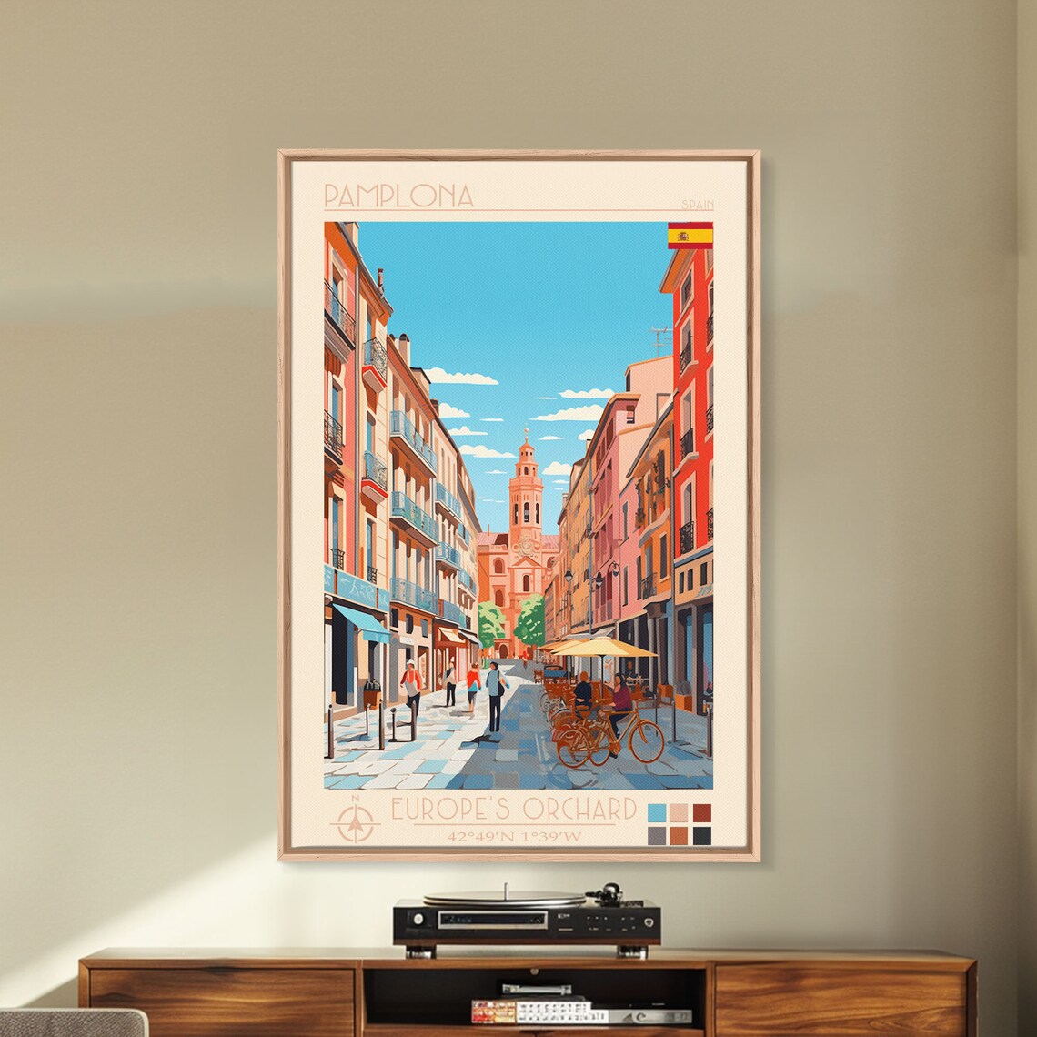 Pamplona Spain Old Town Street Church Tower Cyclists Travel Poster - Image 3