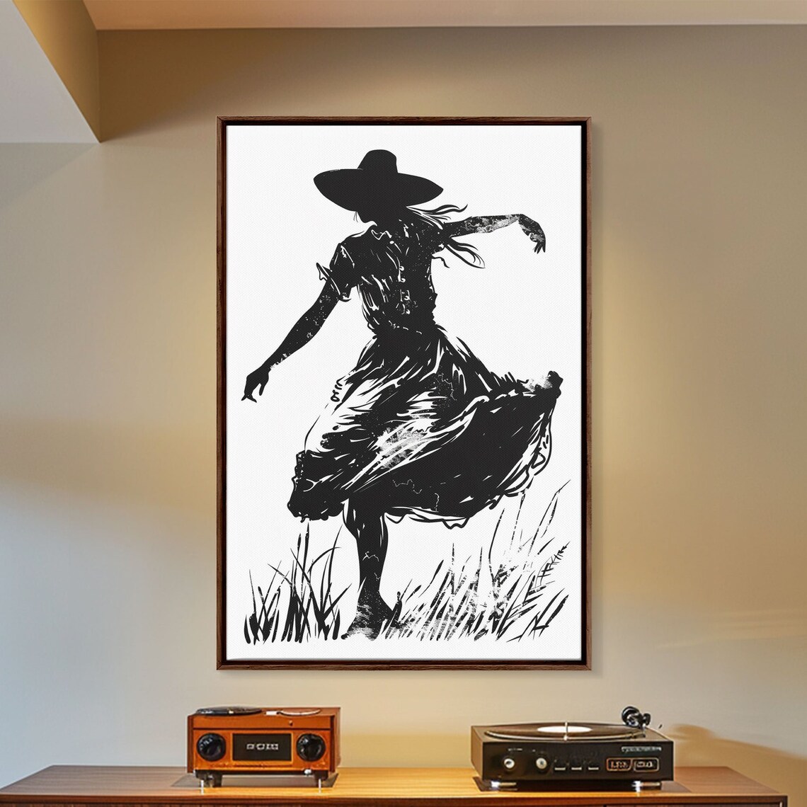 Dancing Country Girl Silhouette Flowing Dress Black Ink Art Poster - Image 4