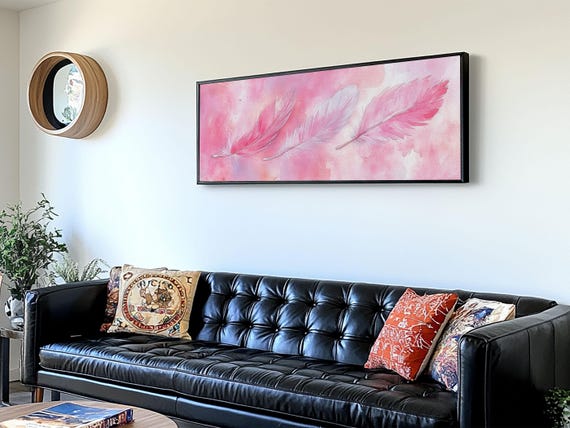 Pink Feather Art Print Light Pastel Wall Art Cottagecore Whimsical Bedroom Dcor Rustic Living Room Horizontal Artwork Gift
