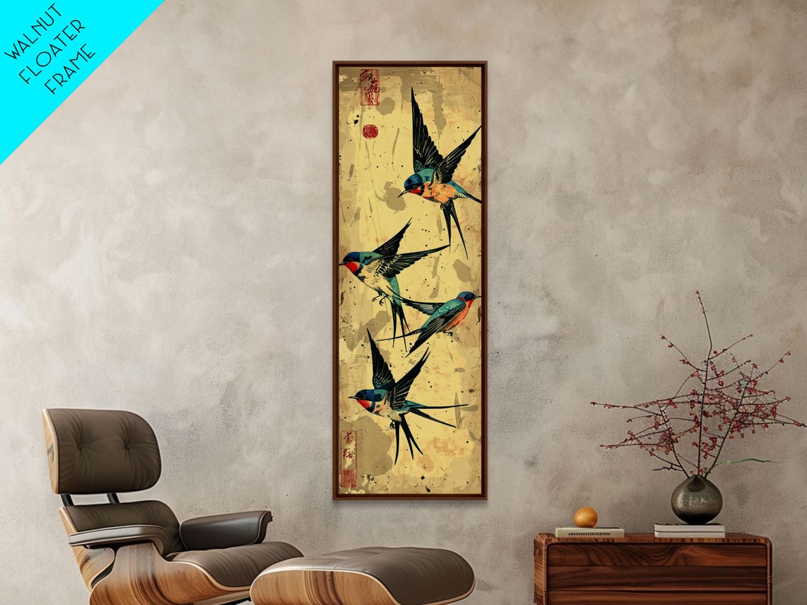 Colorful Swallows In Flight On Aged Gold Japanese Ukiyo E Art Poster - Image 2