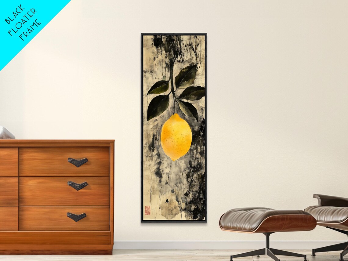 Vintage Single Lemon Dark Leaves Antique Textured Ink Wash Art Poster - Image 6
