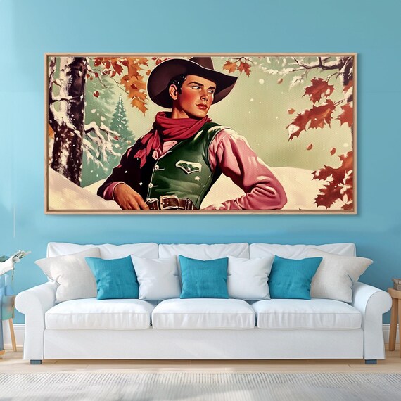 Snowy Cowboy Winter Decor Framed Print Western Holiday Art Moody Landscape Christmas Gift Wall Art Seasonal Decor