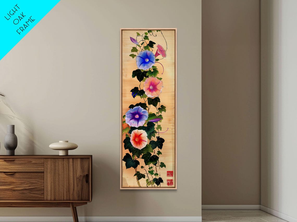 Colorful Morning Glory Vines On Natural Bamboo Wood Ukiyo E Art Poster - Image 5