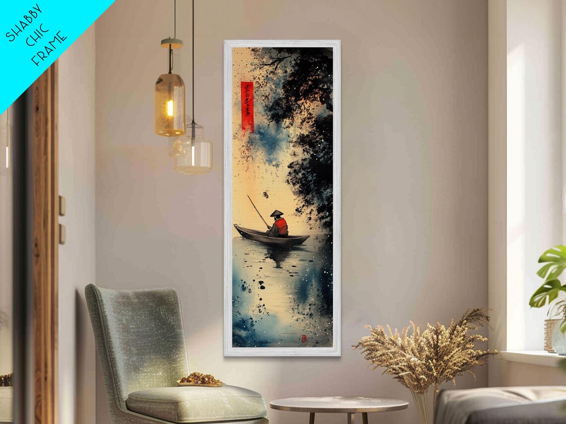 Japanese Fisherman Small Boat Misty Water Ink Wash Painting Style Poster - Image 6