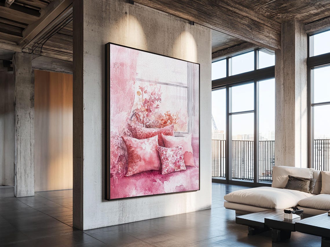Cozy Pink Window Seat With Floral Pillows Watercolor Wall Art Print - Image 3