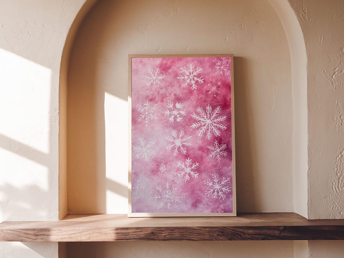 Pink Snowflake Pattern White Winter Christmas Cozy Holiday Wall Art - Image 2