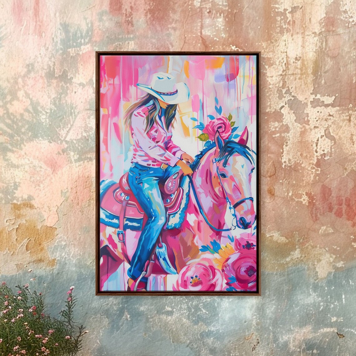 Cowgirl Riding Horse In Pink And Blue With Floral Accents Art Poster - Image 2