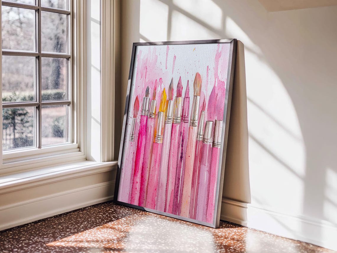 Pink Paintbrushes With Dripping Paint Watercolor Artist Wall Art - Image 2
