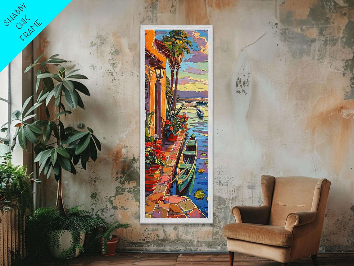 Tropical Waterfront Sunset Moored Canoe Palm Trees Golden Sky Travel Poster - Image 5