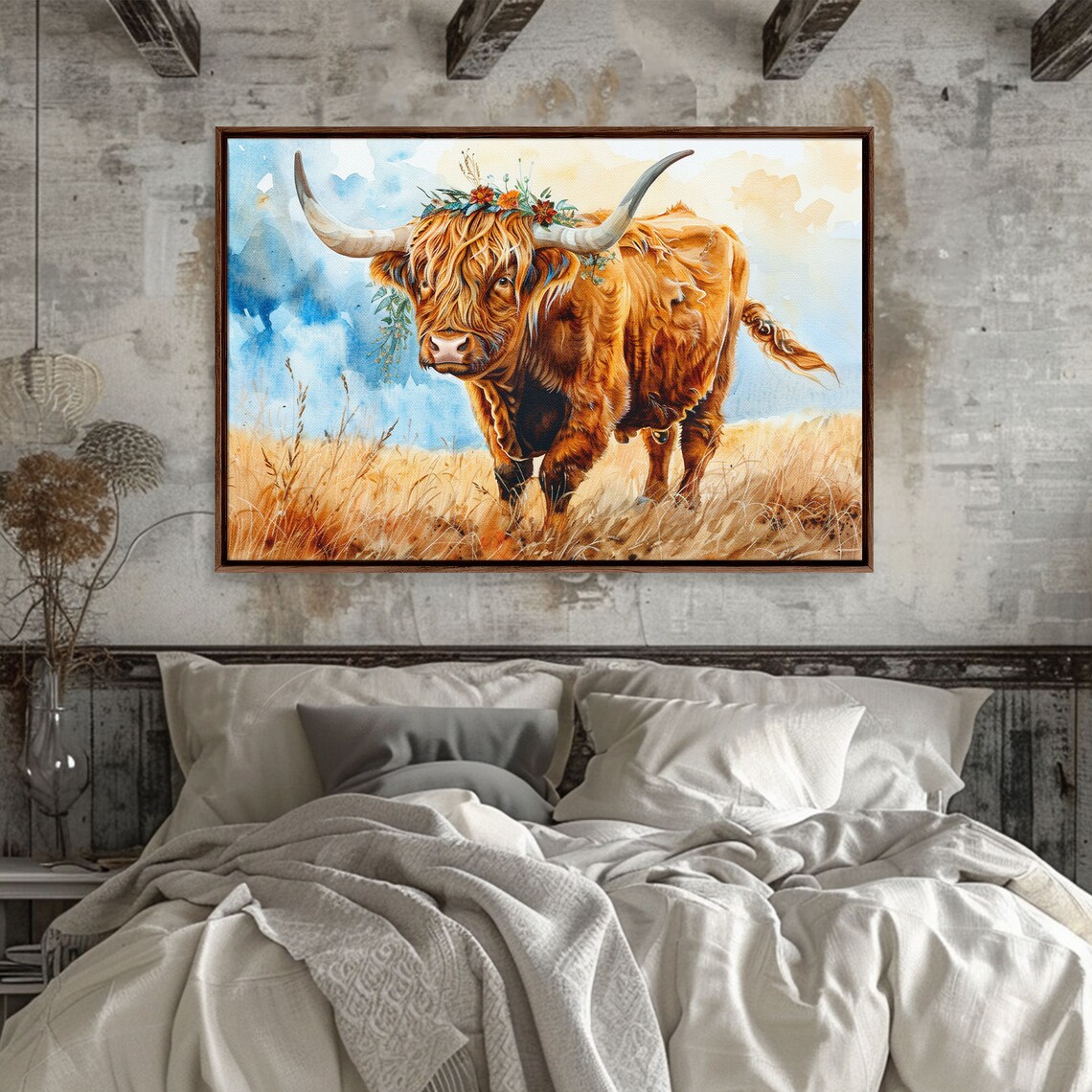 Highland Cow Flower Crown Watercolor Golden Meadow Animal Wall Art - Image 5