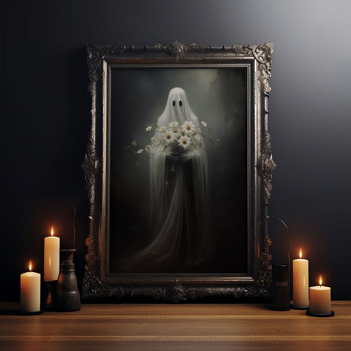 The Ghost With The Flowers, Gothic Halloween Art Print - Image 3