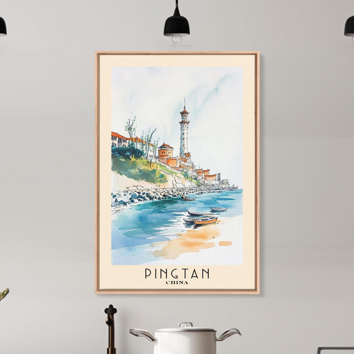 Pingtan China Coastal Village Lighthouse Tower Boats Harbor Travel Poster - Image 6