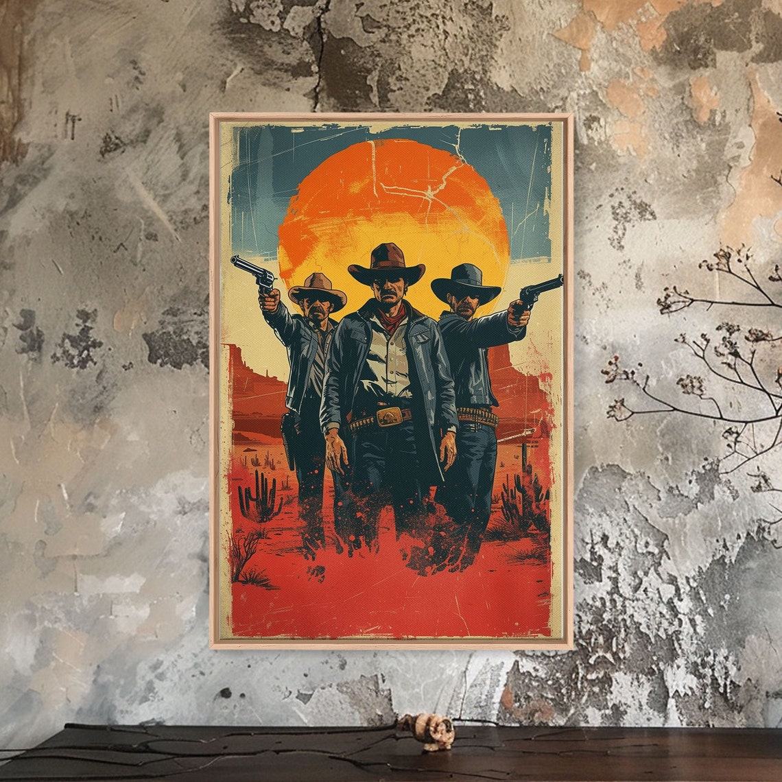 Three Cowboys Revolvers Desert Sunset Vintage Western Style Poster