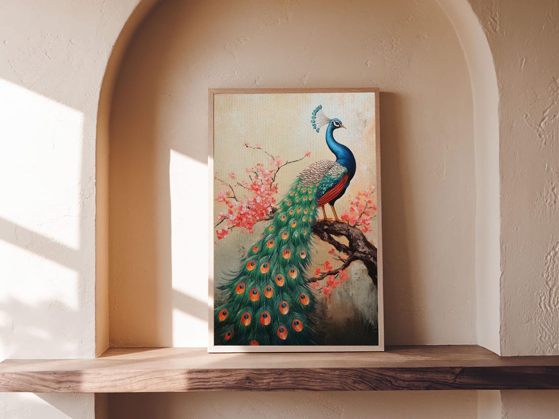 Peacock On Cherry Blossom Branch Chinoiserie Elegant Oriental Print - Image 2
