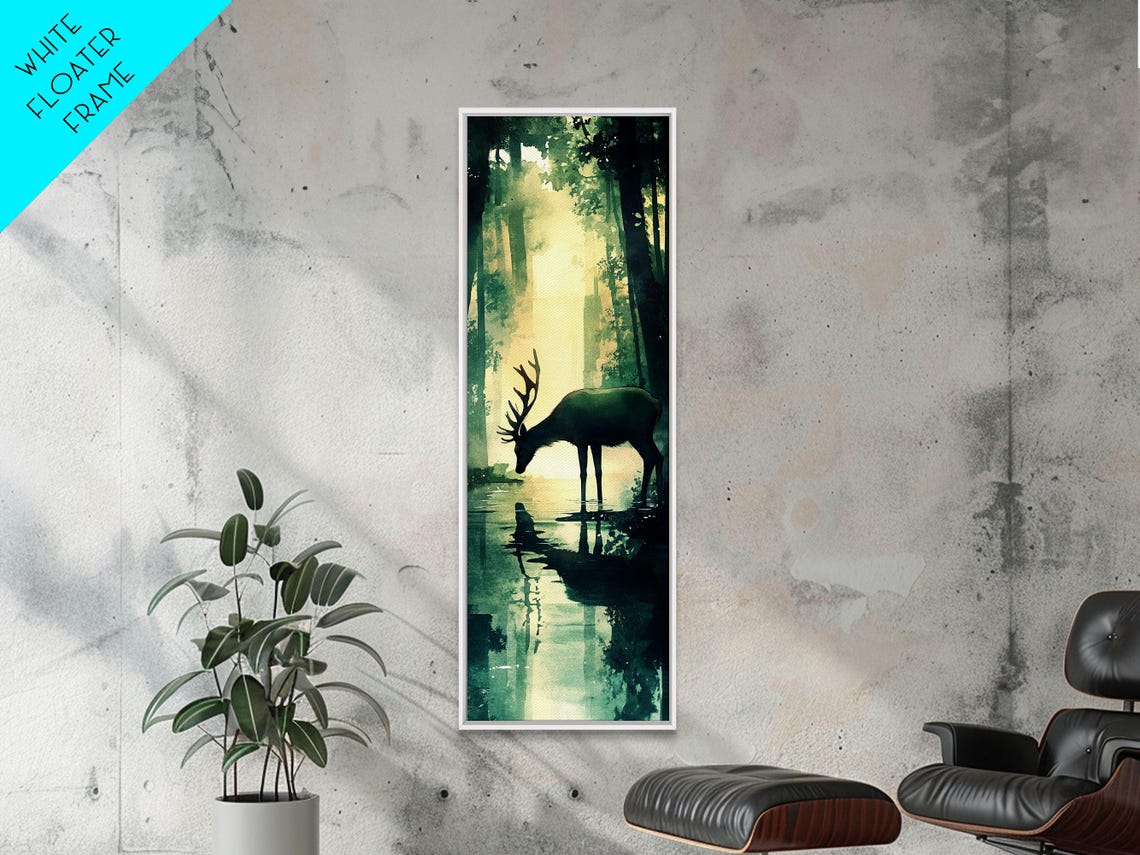 Serene Deer Drinking At Misty Forest Lake Green Reflection Art Poster - Image 6