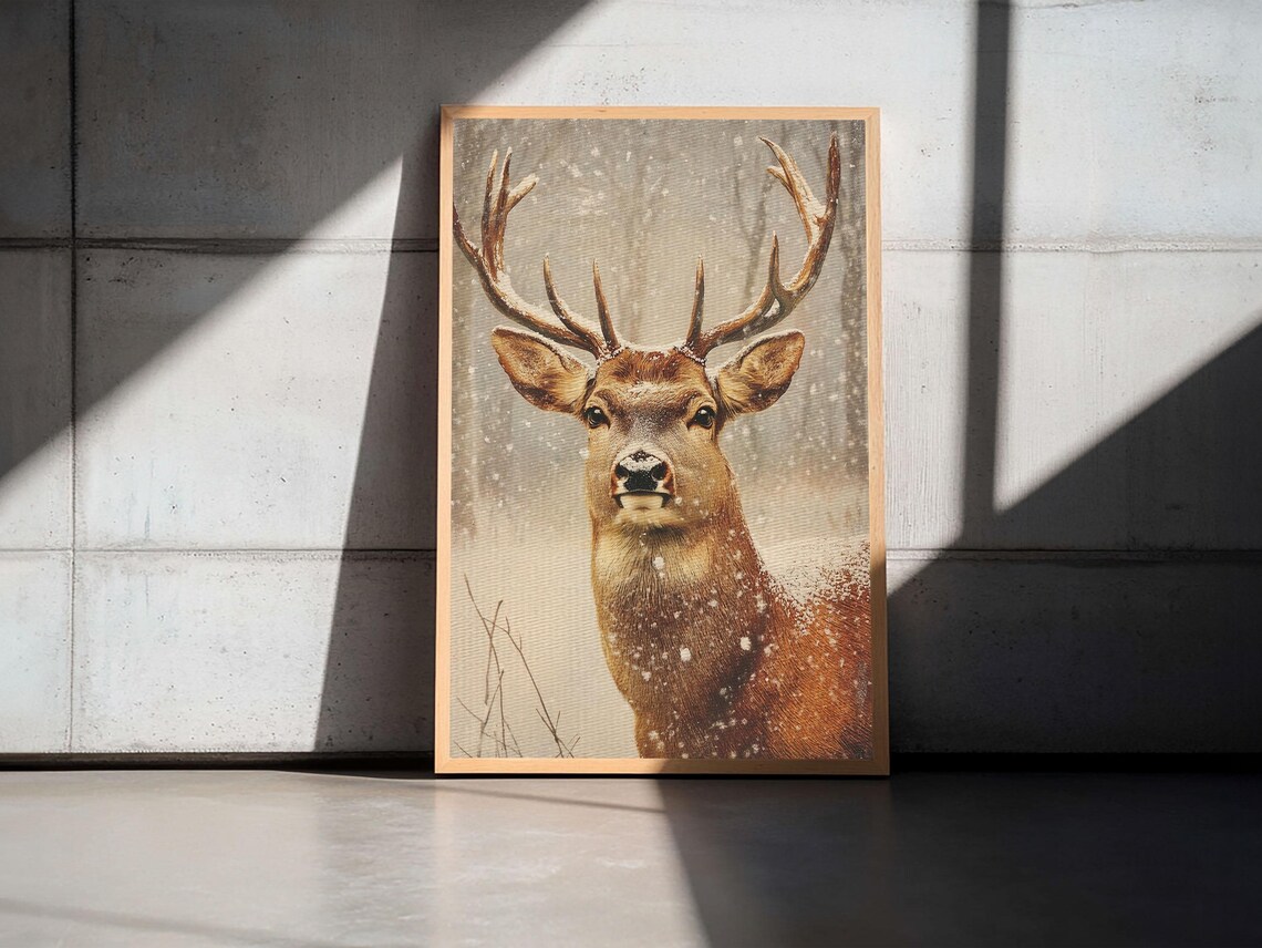 Stag Deer In Falling Snow Antlers Winter Woodland Animal Art Poster - Image 3