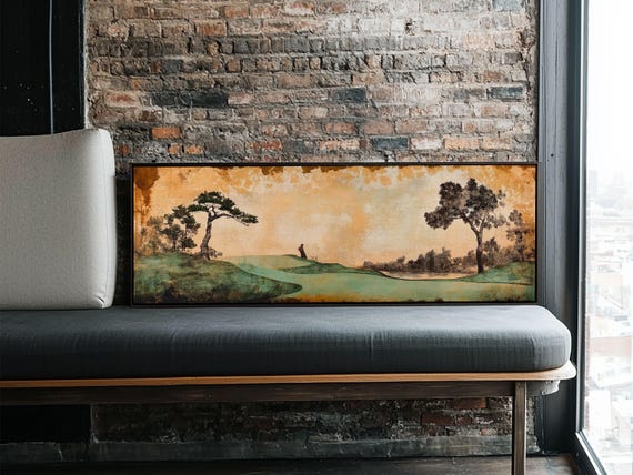 Japanese Inspired Golf Scene Framed Print Rustic Decor Golf Art Panoramic Art Horizontal Wall Art Gift Idea For Him