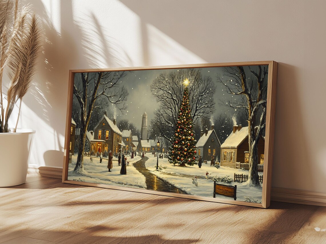 Christmas Sceneary Wall Art Framed Print Winter Wall Art Christmas Village Painting Victorian Christmas Oil Painting Horizontal Art - Image 2