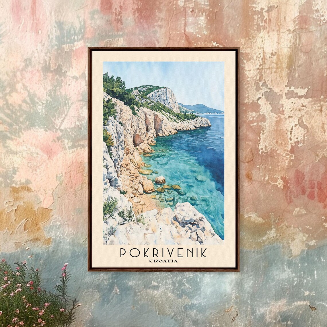 Pokrivenik Croatia White Rocky Cliffs Clear Turquoise Sea Pine Coast Watercolor Poster