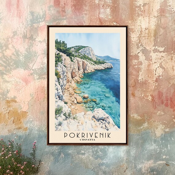 Pokrivenik Croatia White Rocky Cliffs Clear Turquoise Sea Pine Coast Watercolor Poster