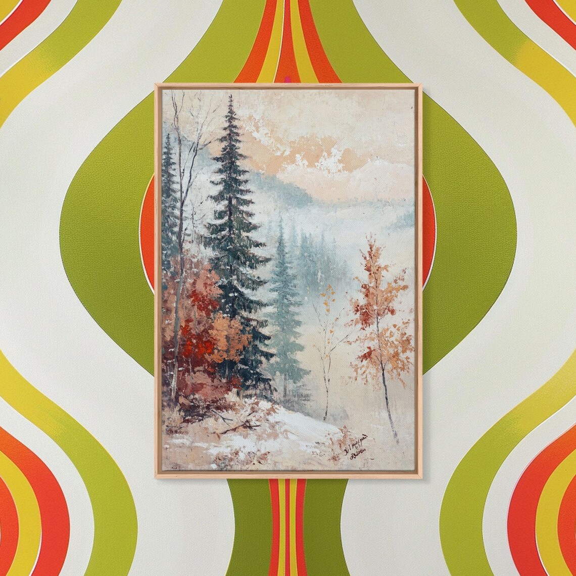 Snowy Winter Pines Birch Trees Orange Leaves Landscape Poster - Image 5
