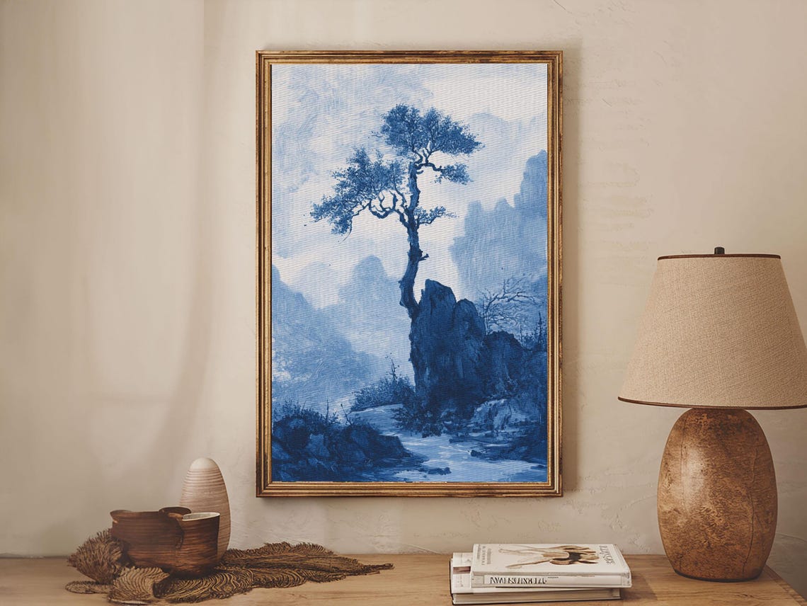 Blue White Chinoiserie Pine Tree Cliff Mountain Misty Asian Art Poster - Image 4