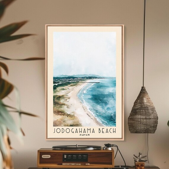 Jodogahama Beach Japan Misty Coastal Sandy Shoreline Watercolor Art Poster