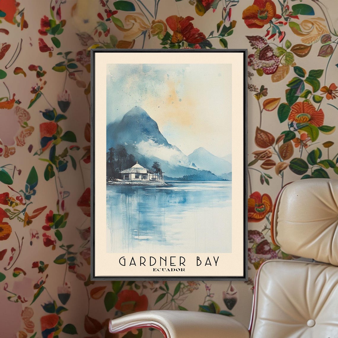 Gardner Bay Ecuador Misty Blue Bay Volcano Peak Watercolor Poster - Image 2