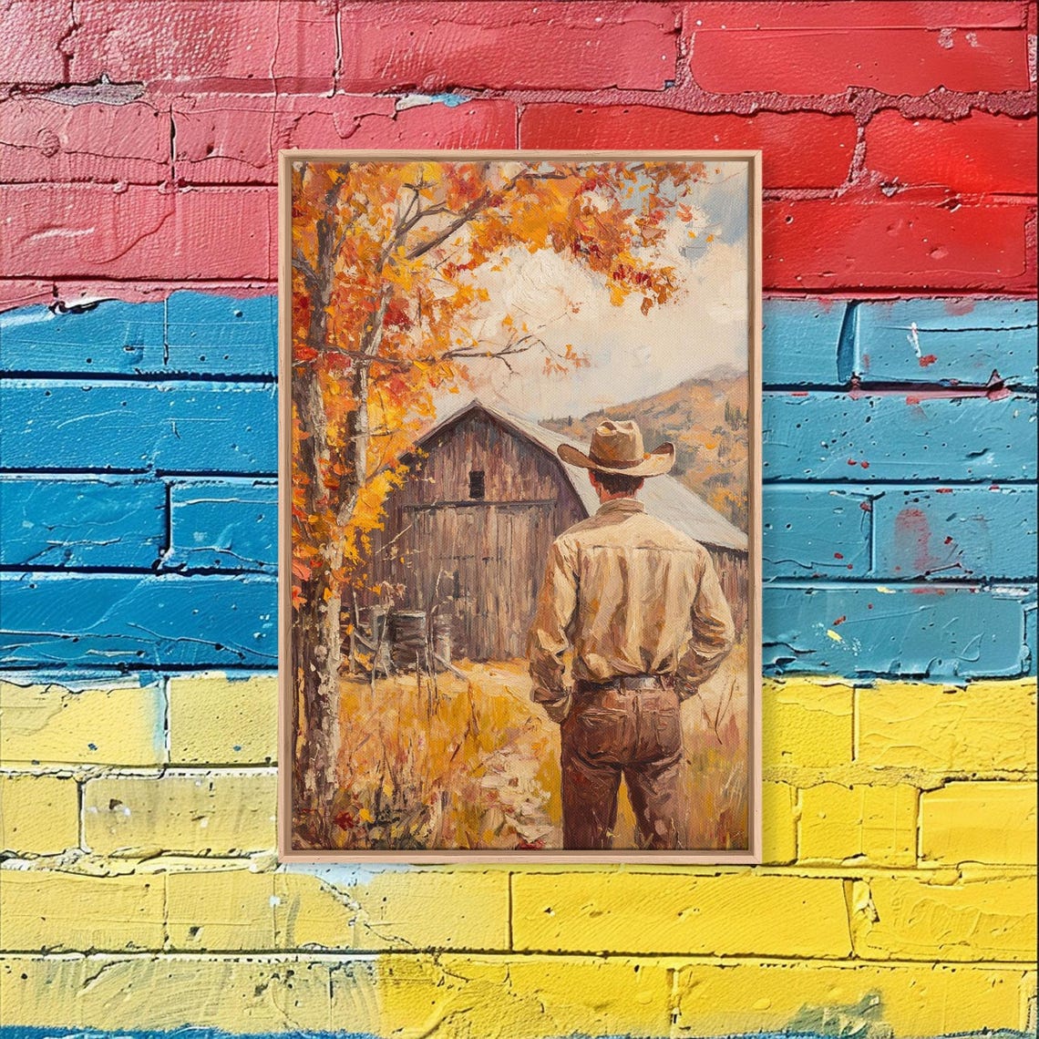 Cowboy Standing Before Weathered Barn Autumn Trees Golden Field Poster - Image 4